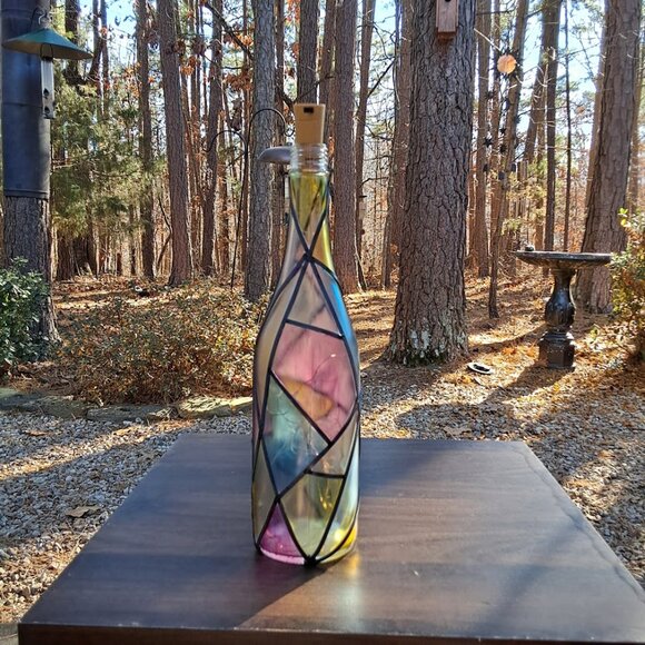 Hand Painted Faux Stained Glass Wine Bottle Lamp w/Fairy Lights-Unique Decor - Picture 10 of 12